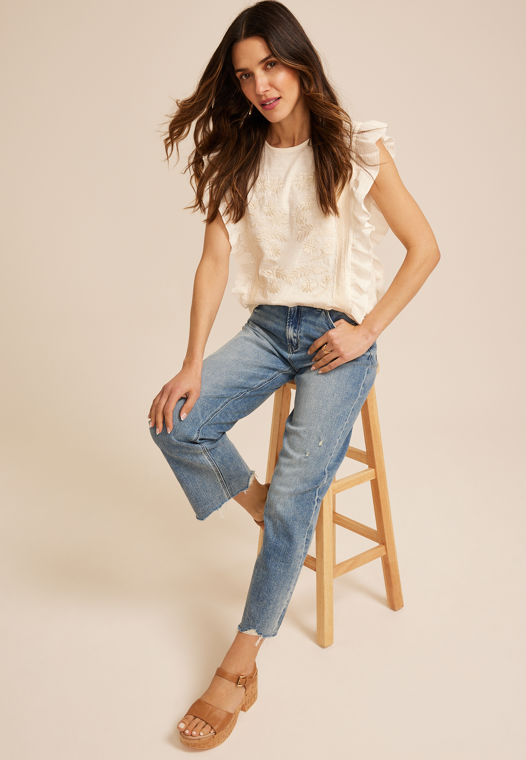 Embroidered Ruffle Trim Top, C8232, large