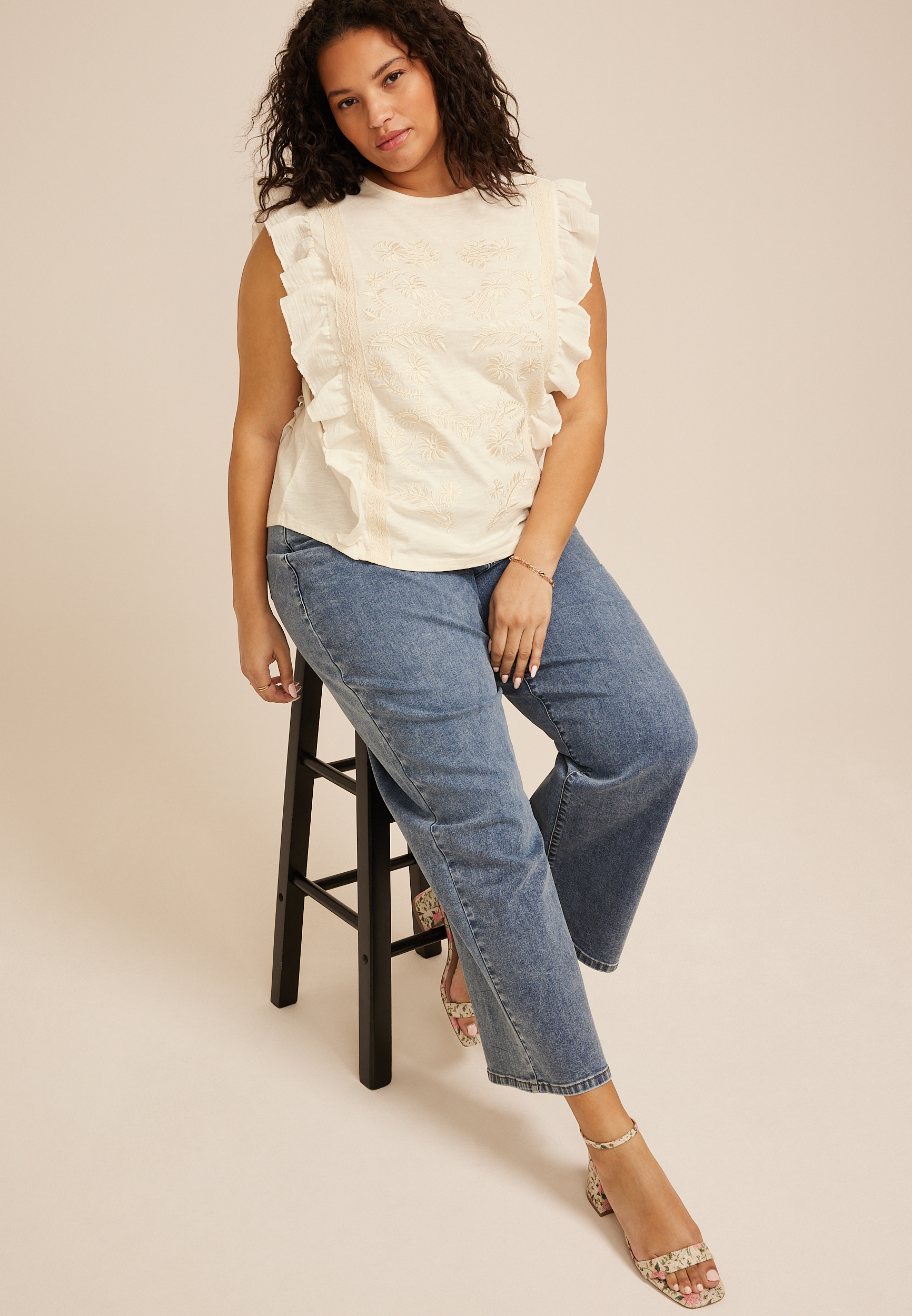 Plus Size Embroidered Ruffle Trim Top, C8232, large
