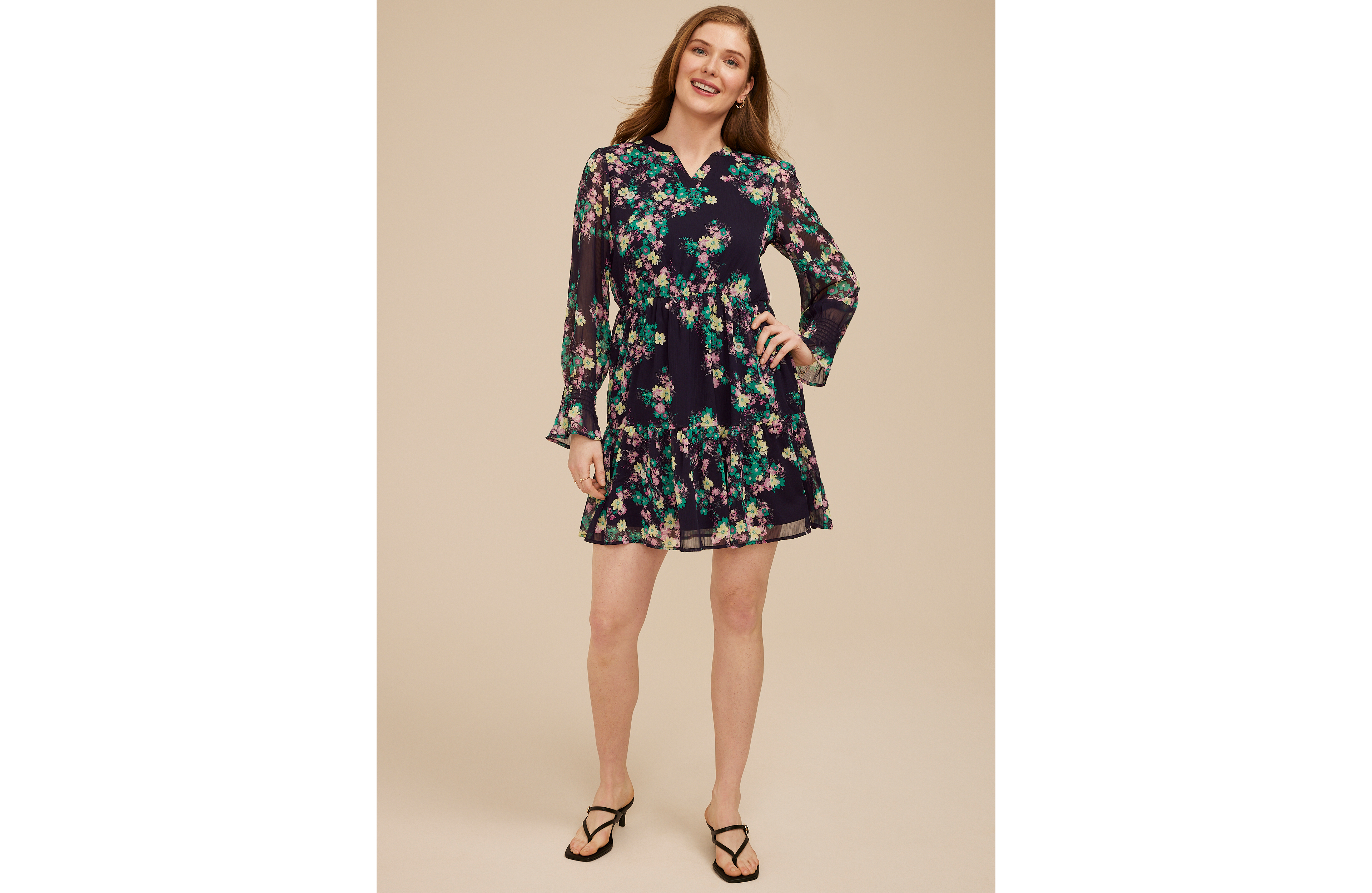 Printed Long Sleeve Tiered Mini Dress