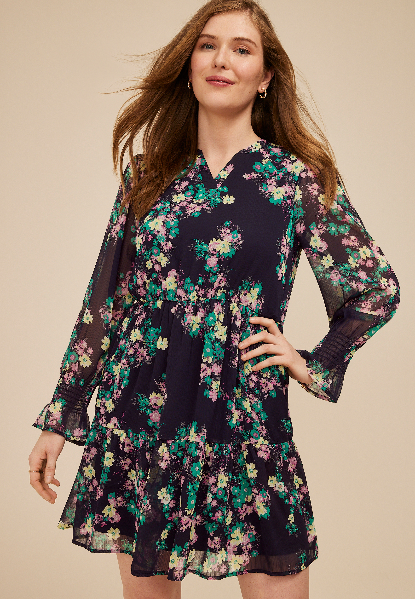 Printed Long Sleeve Tiered Mini Dress | maurices