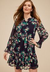 Printed Long Sleeve Tiered Mini Dress, C3942, small