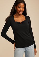 Studio Y Square Neck Long Sleeve Top, BLACK, small