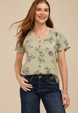 Floral Button Front Flutter Sleeve Blouse, C8712, small
