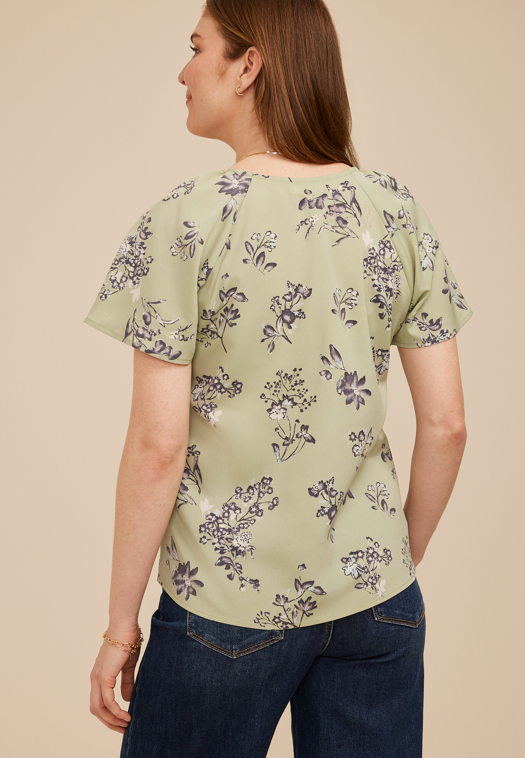 Floral Button Front Flutter Sleeve Blouse, C8712, large