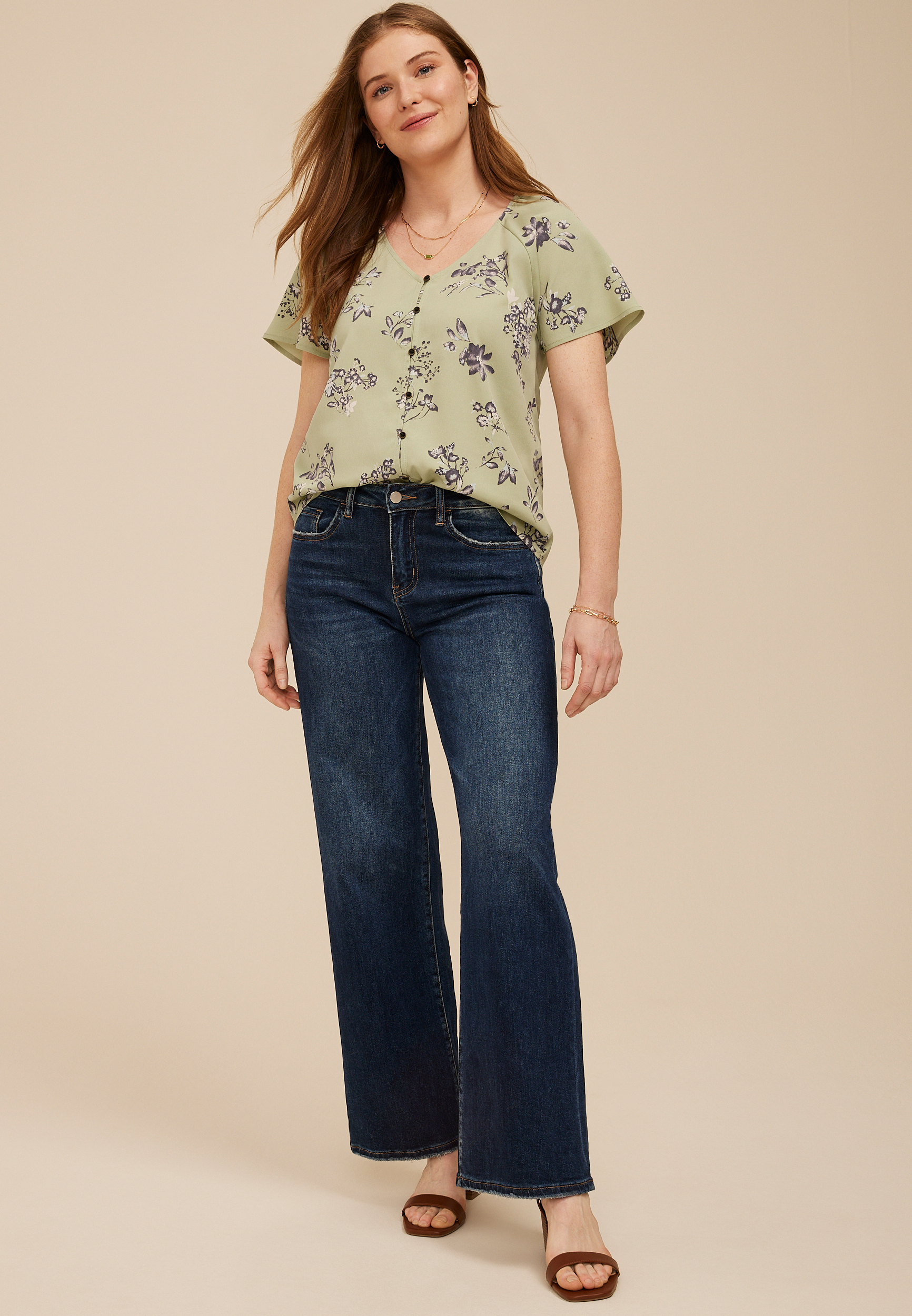 Floral Button Front Flutter Sleeve Blouse, C8712, large