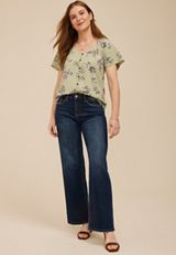 Floral Button Front Flutter Sleeve Blouse, C8712, small