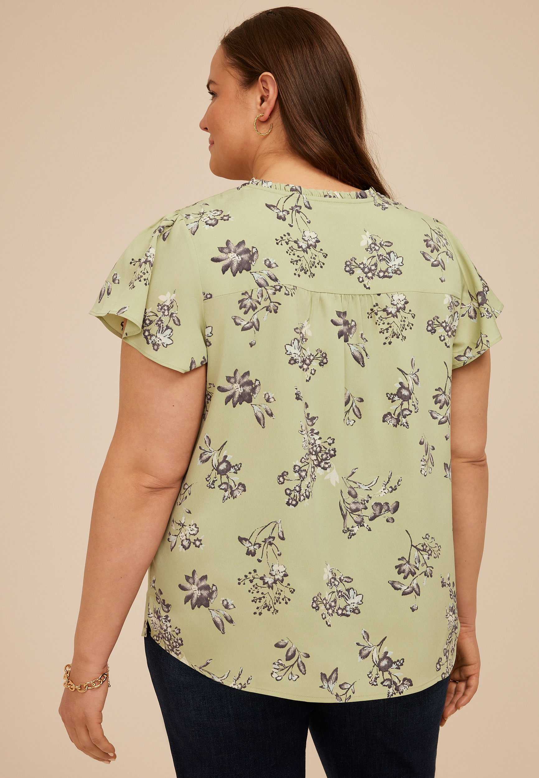 Plus Size Floral Button Front Flutter Sleeve Blouse, C8712, large