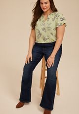 Plus Size Floral Button Front Flutter Sleeve Blouse, C8712, small