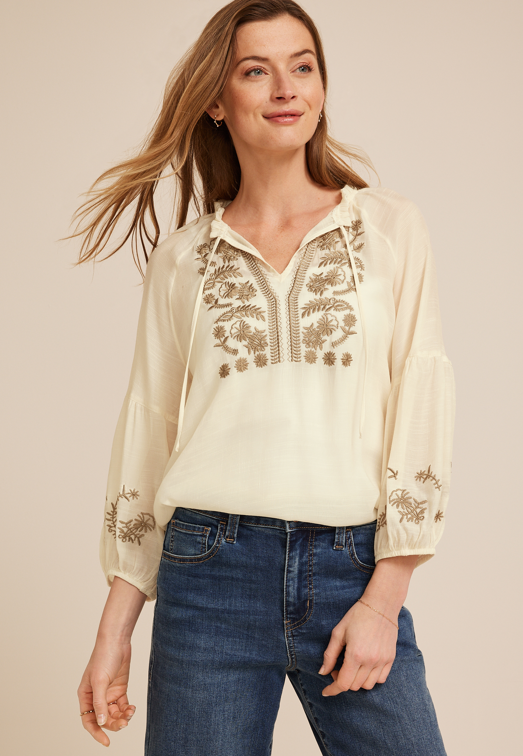 Floral Embroidered Long Sleeve Blouse