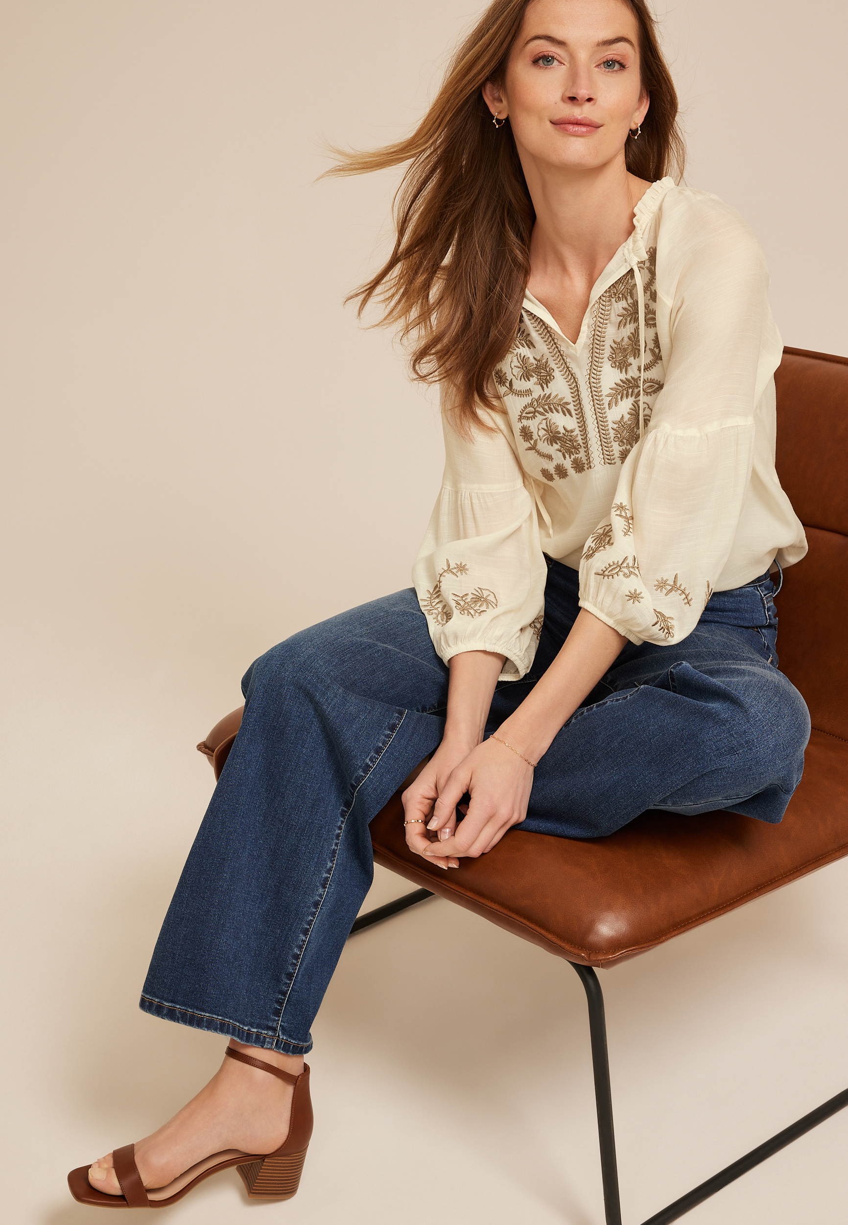 Floral Embroidered Long Sleeve Blouse, C4563, large