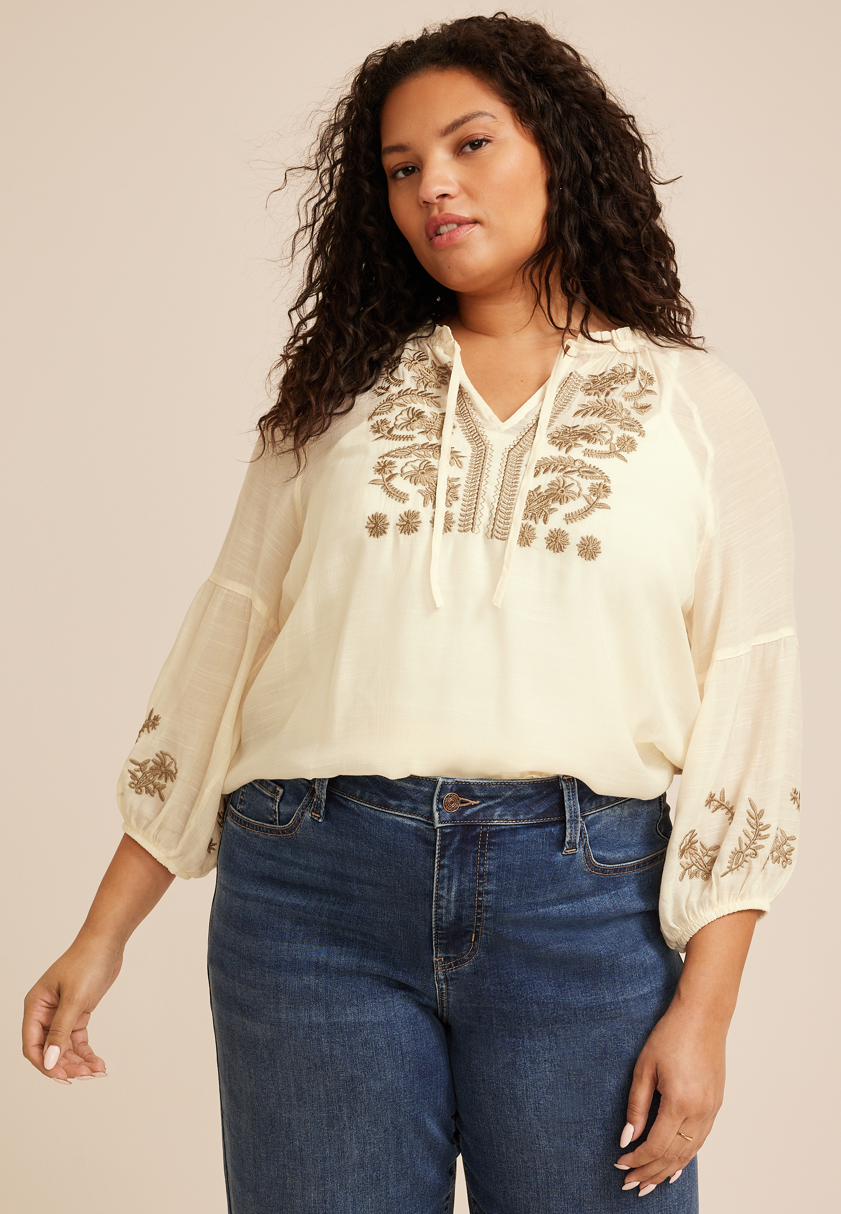 Plus Size Floral Embroidered Long Sleeve Blouse