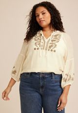 Plus Size Floral Embroidered Long Sleeve Blouse, C4563, small