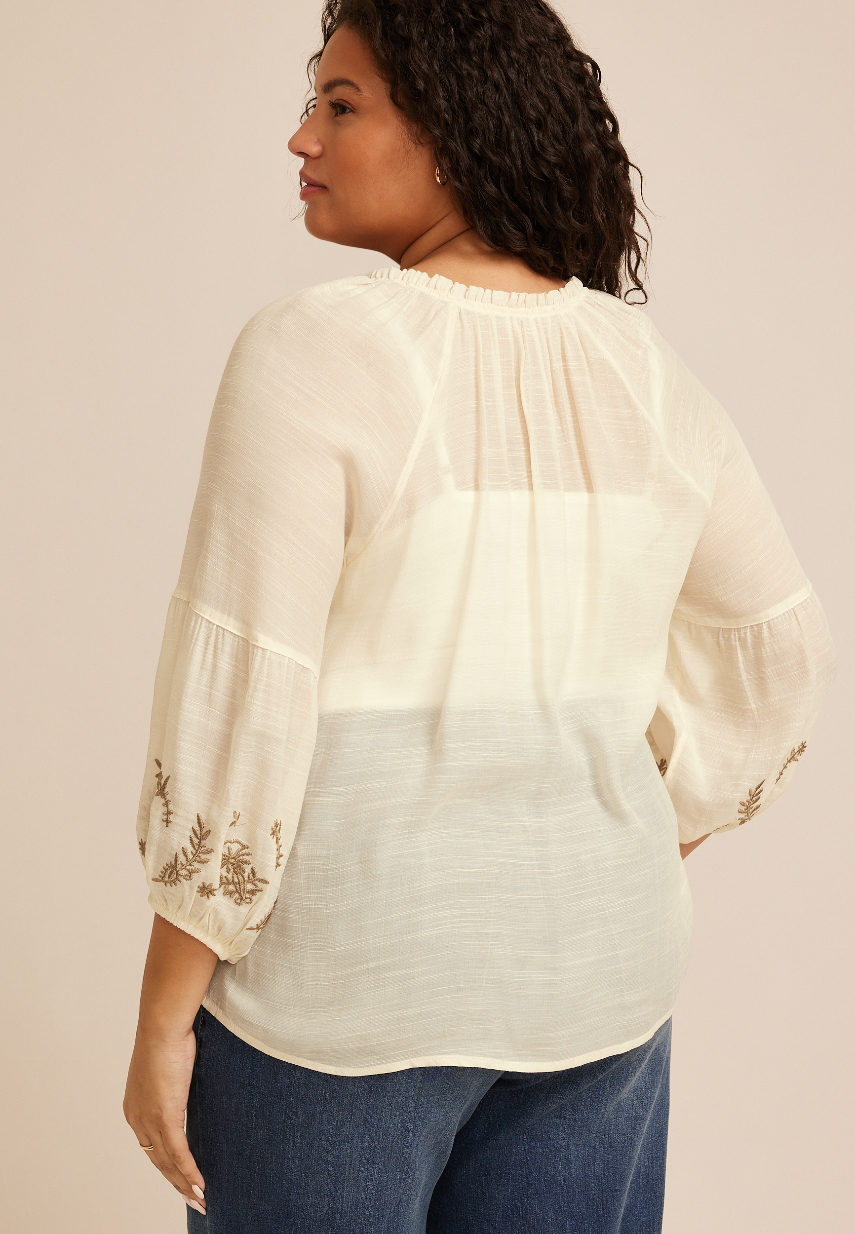 Plus Size Floral Embroidered Long Sleeve Blouse, C4563, large