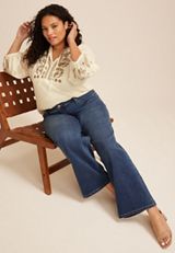 Plus Size Floral Embroidered Long Sleeve Blouse, C4563, small