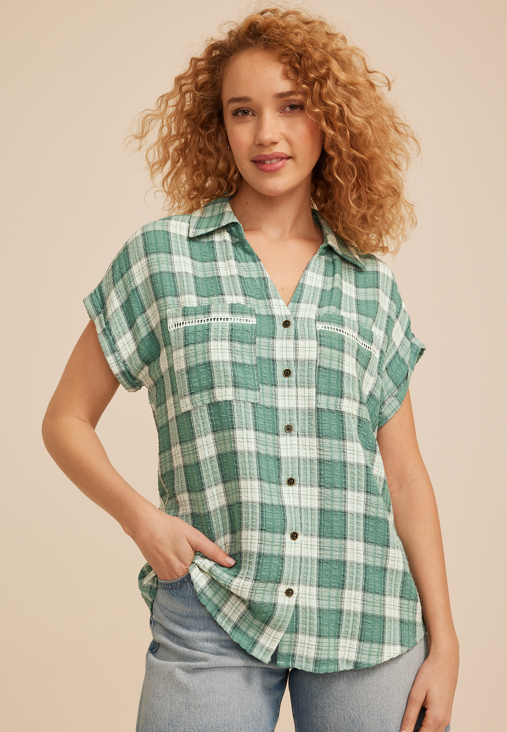 Pucker Plaid Dolman Button Down Shirt
