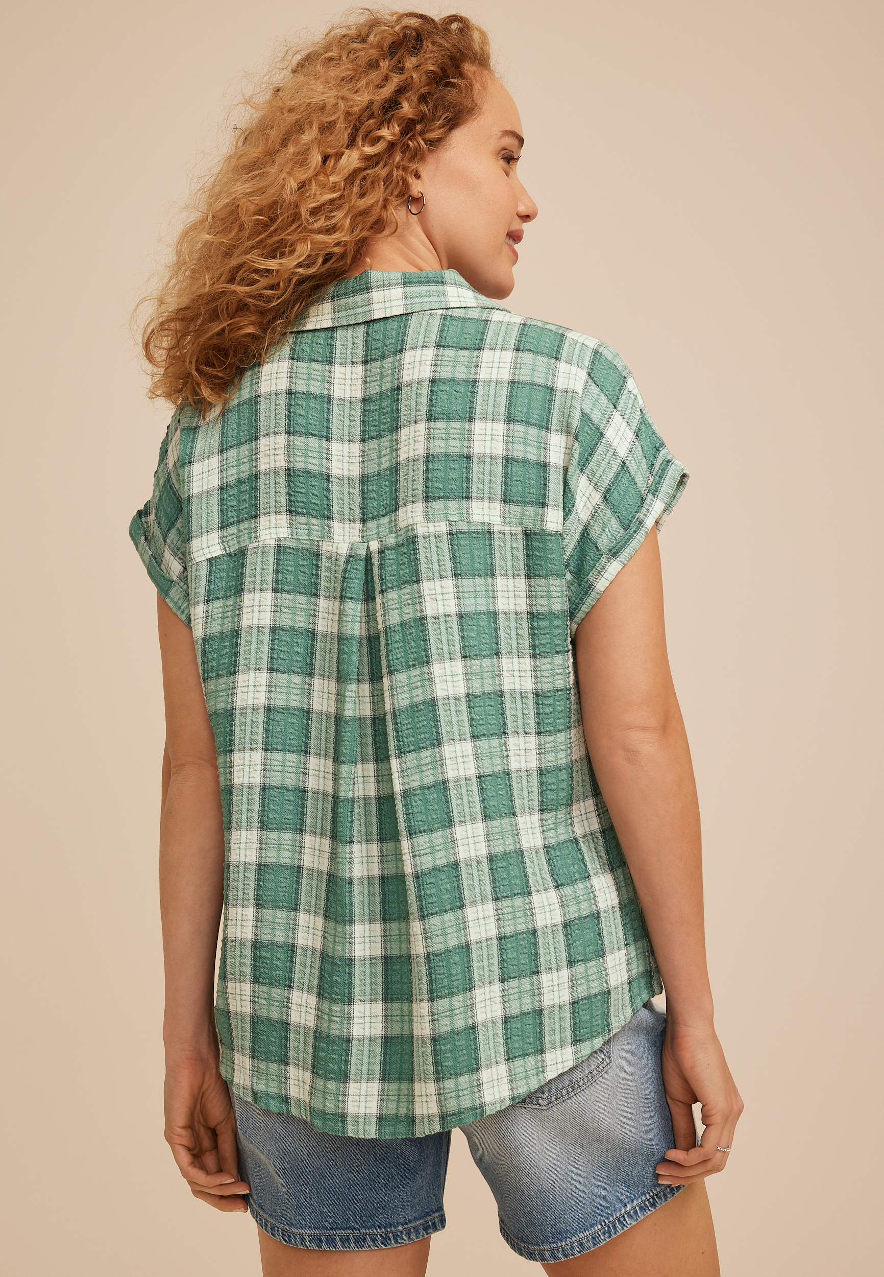 Pucker Plaid Dolman Button Down Shirt, C8707, large