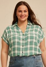 Plus Size Pucker Plaid Dolman Button Down Shirt, C8707, small