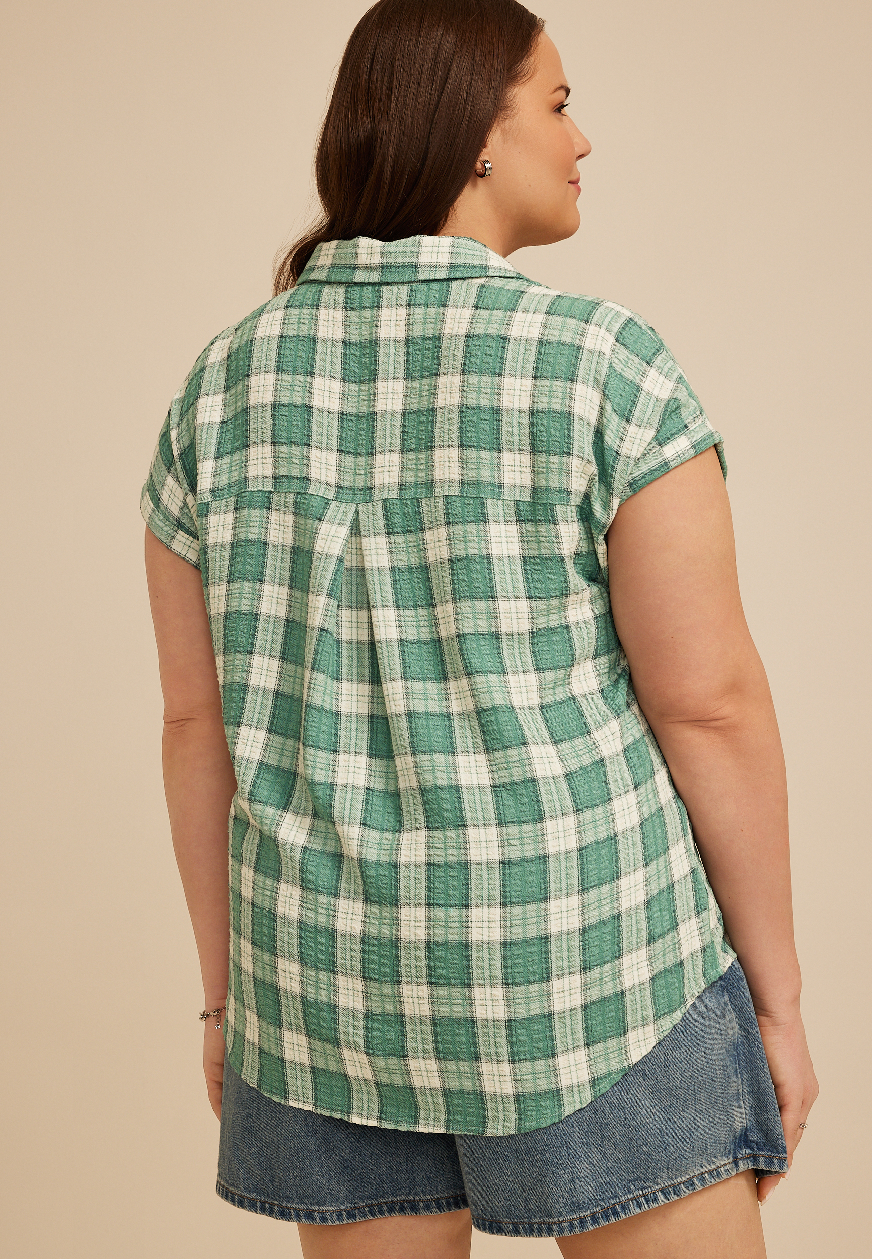 Plus Size Pucker Plaid Dolman Button Down Shirt, C8707, large