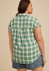 Plus Size Pucker Plaid Dolman Button Down Shirt, C8707, small