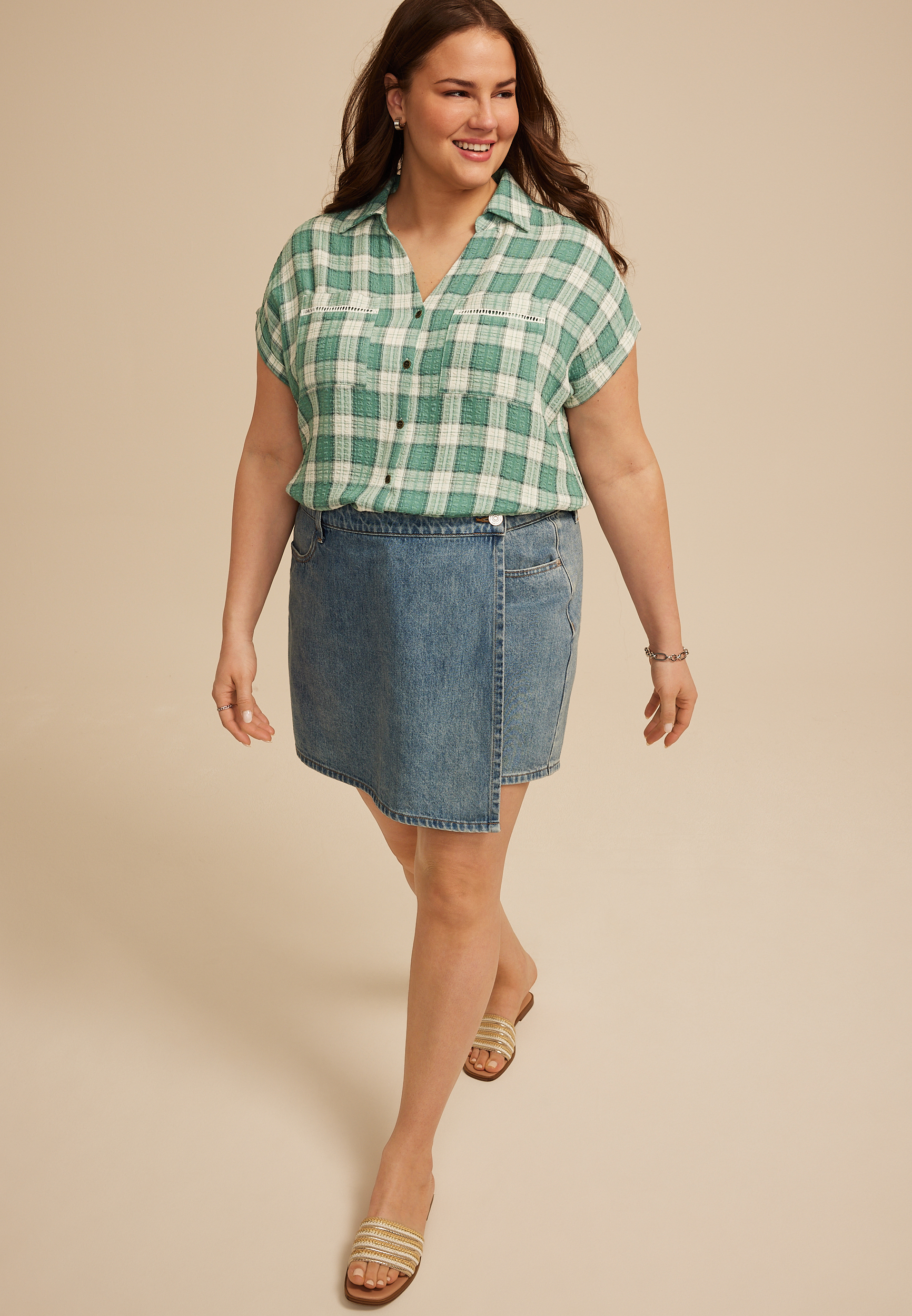 Plus Size Pucker Plaid Dolman Button Down Shirt, C8707, large