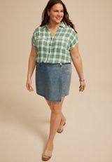 Plus Size Pucker Plaid Dolman Button Down Shirt, C8707, small