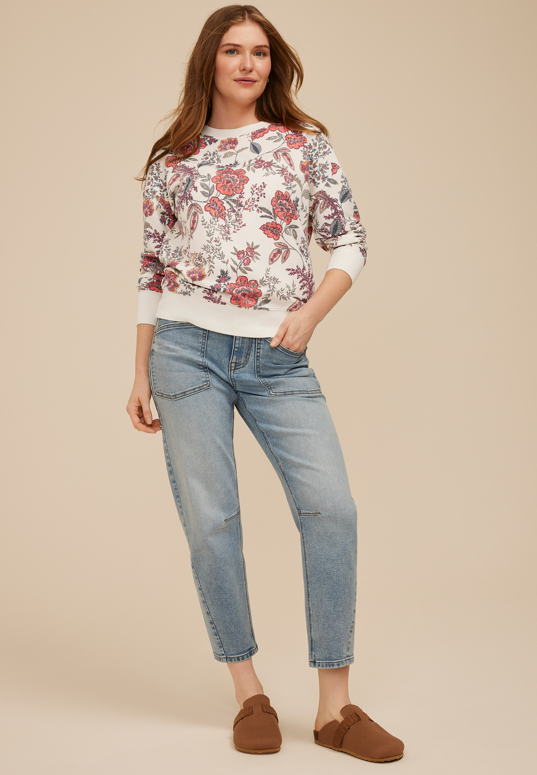 Floral Crew Neck Sweatshirt, C1524, large