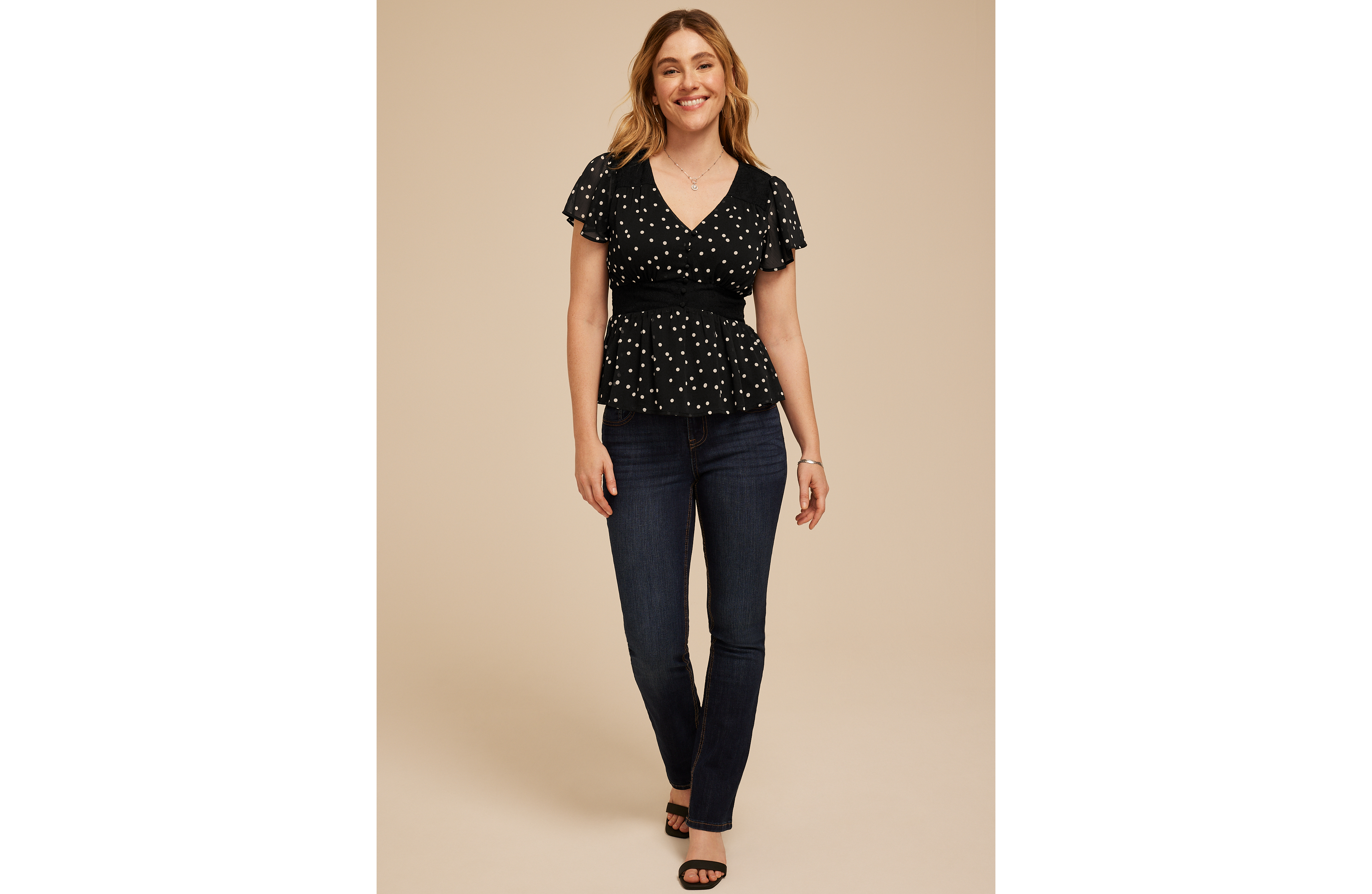 Polka Dot Flutter Sleeve Peplum Top