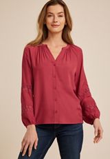 Crochet Sleeve Button Front Blouse, C194, small
