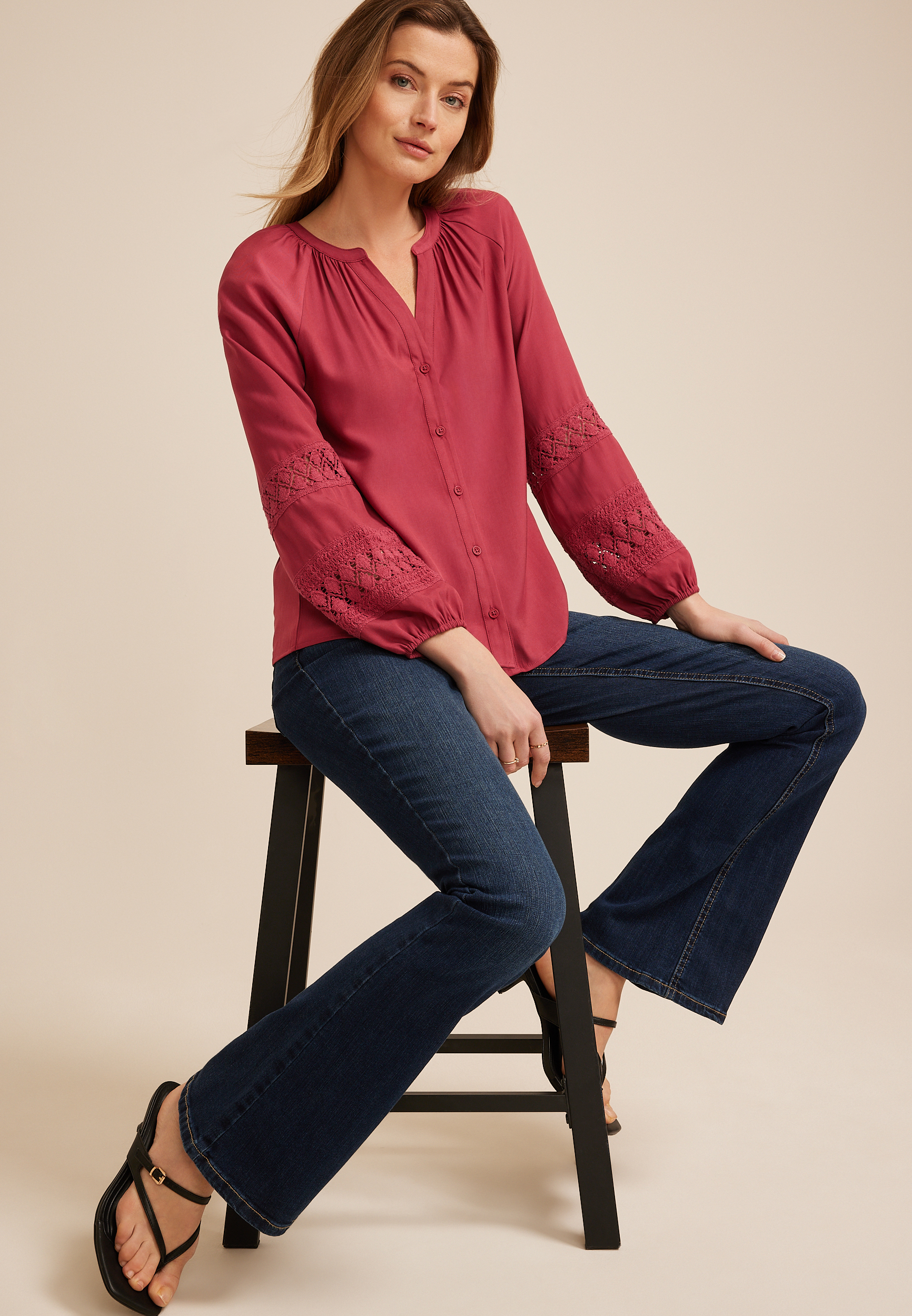 Crochet Sleeve Button Front Blouse, C194, large