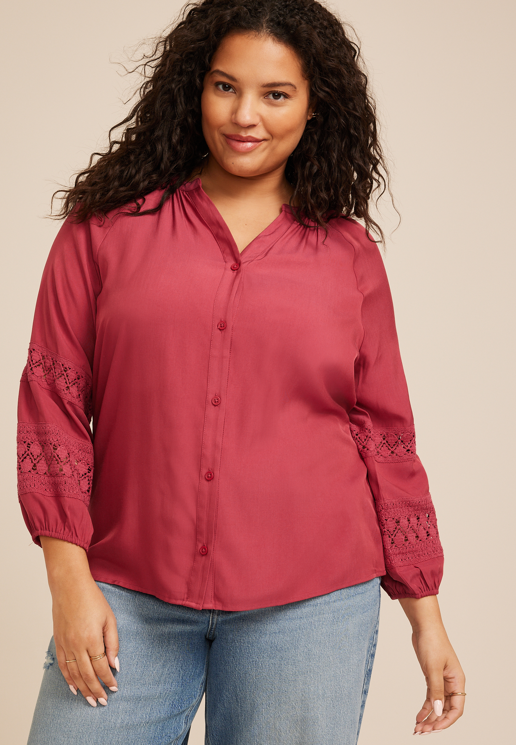 Plus Size Crochet Sleeve Button Front Blouse