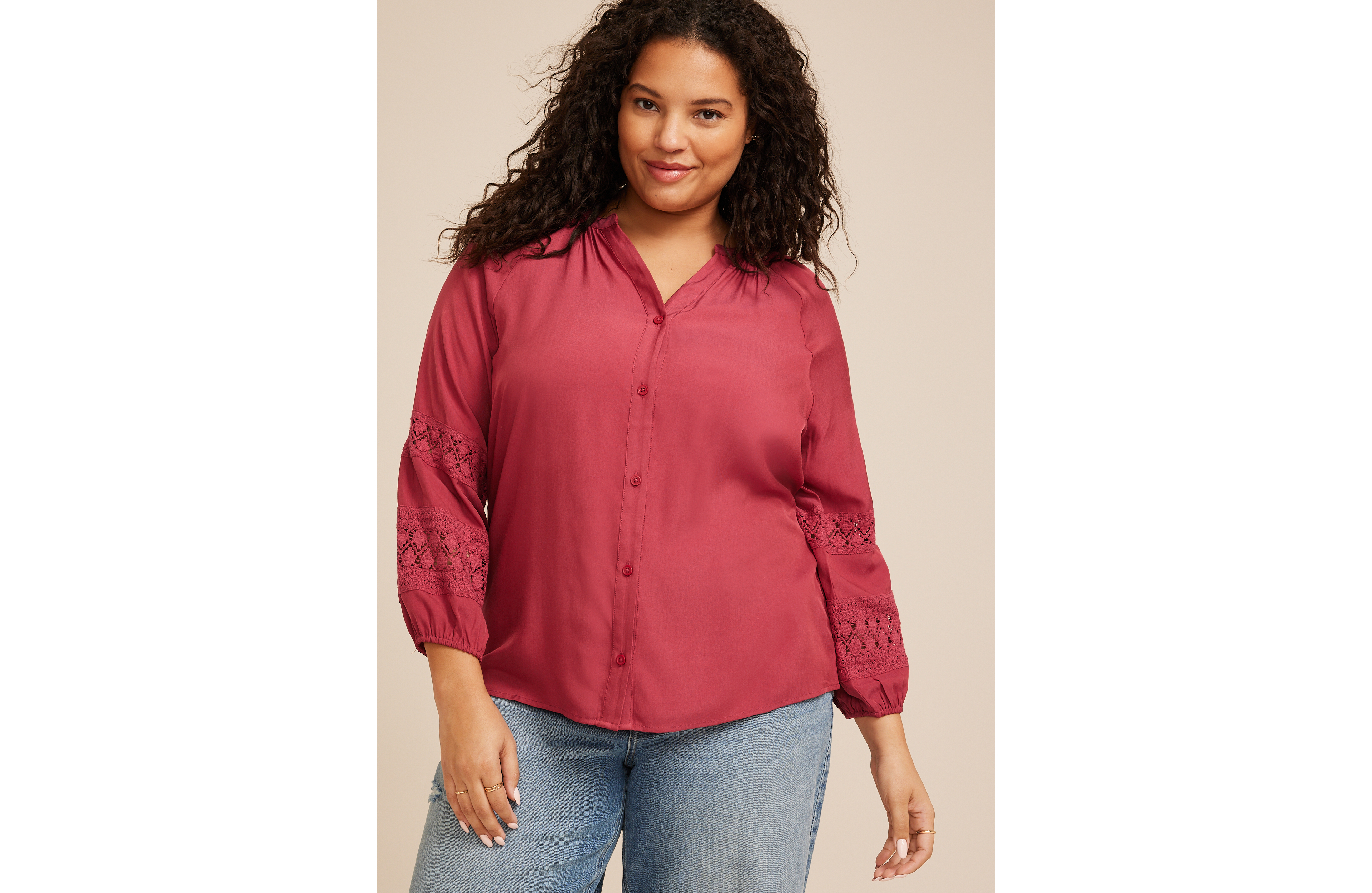 Plus Crochet Sleeve Button Front Blouse