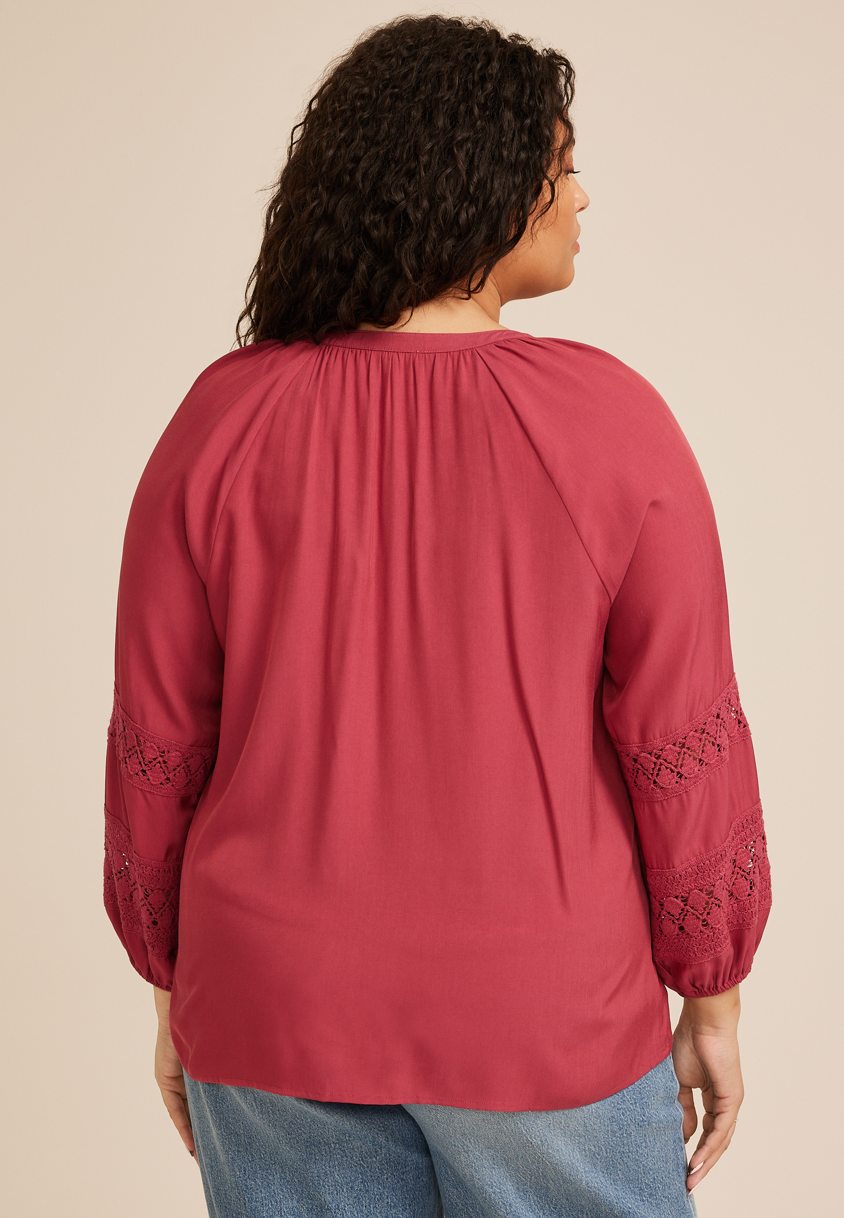 Plus Size Crochet Sleeve Button Front Blouse, C194, large