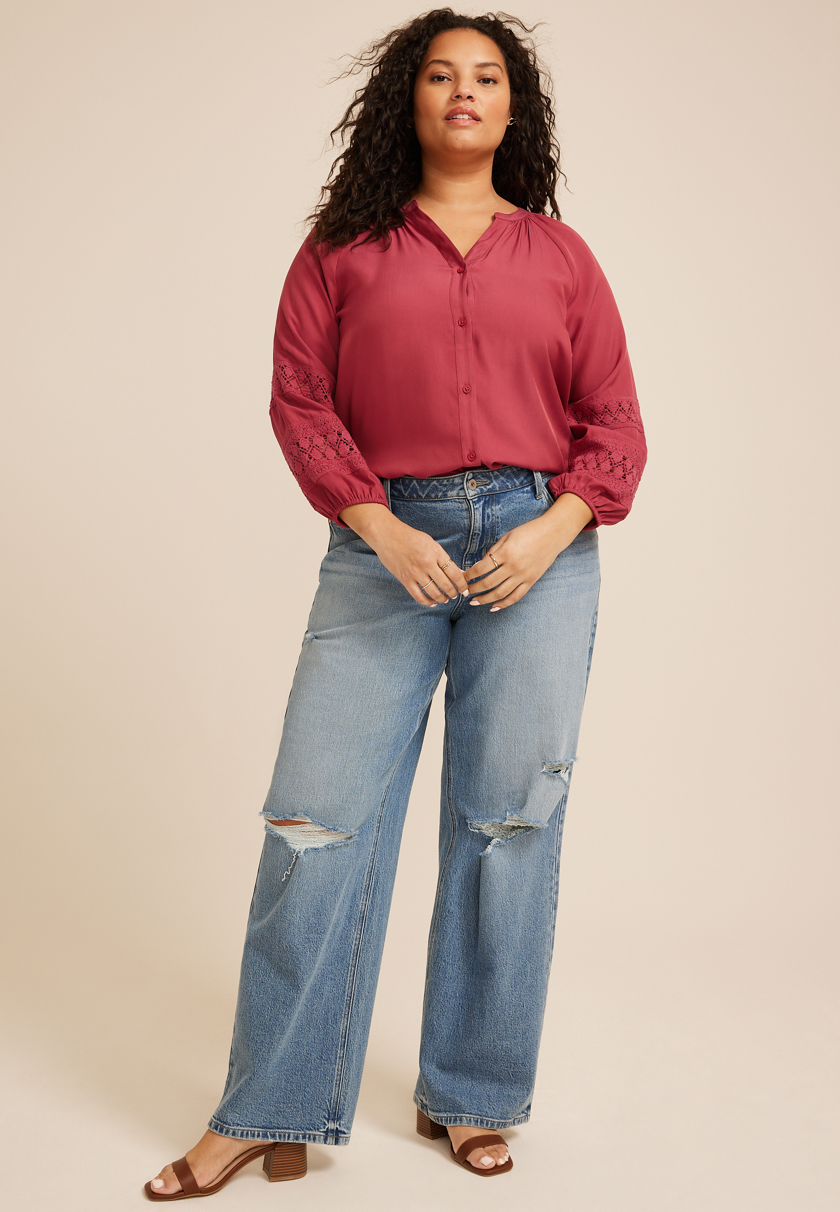 Plus Size Crochet Sleeve Button Front Blouse, C194, large