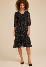 Black Polka Dot Smocked Midi Dress, C1756, small
