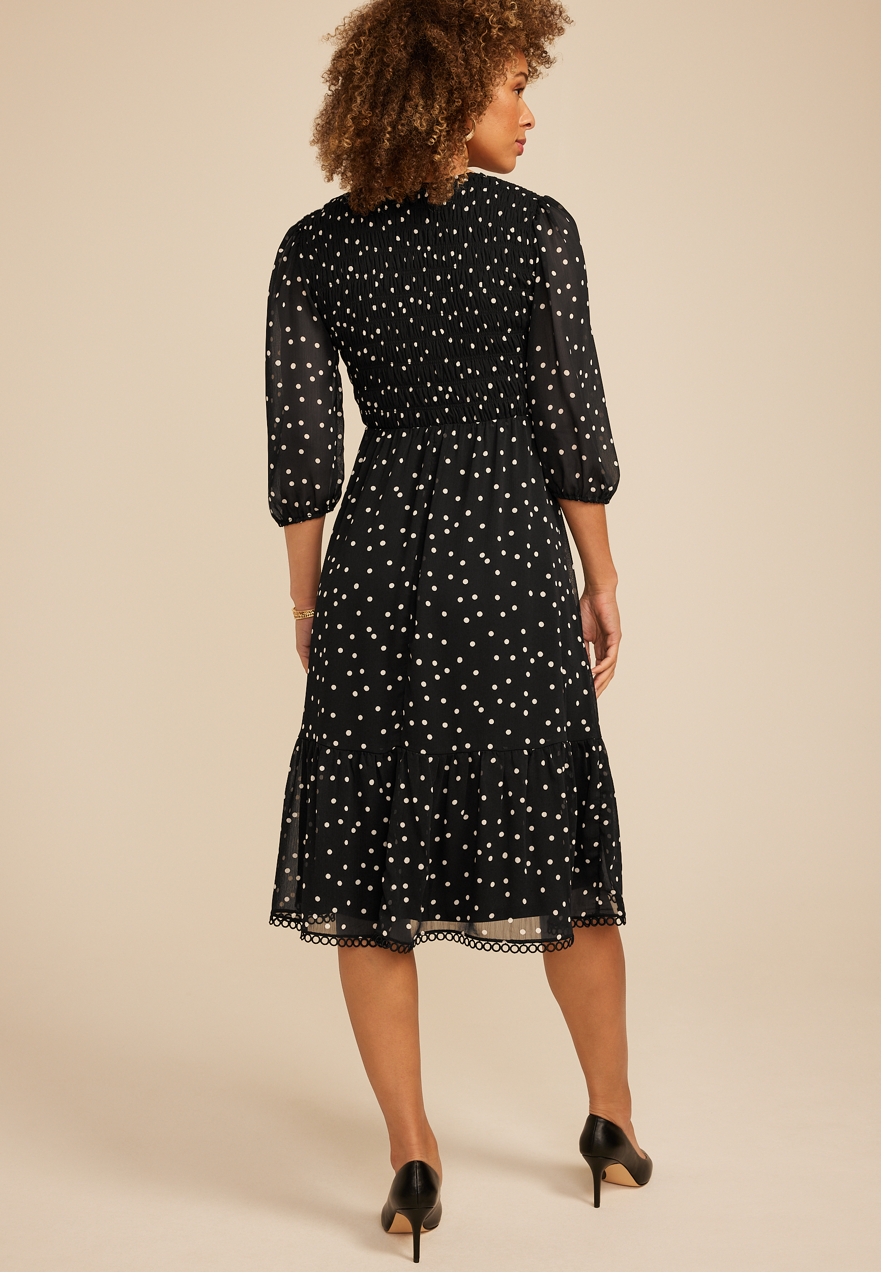 Black Polka Dot Smocked Midi Dress, C1756, large