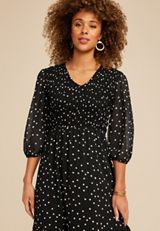 Black Polka Dot Smocked Midi Dress, C1756, small