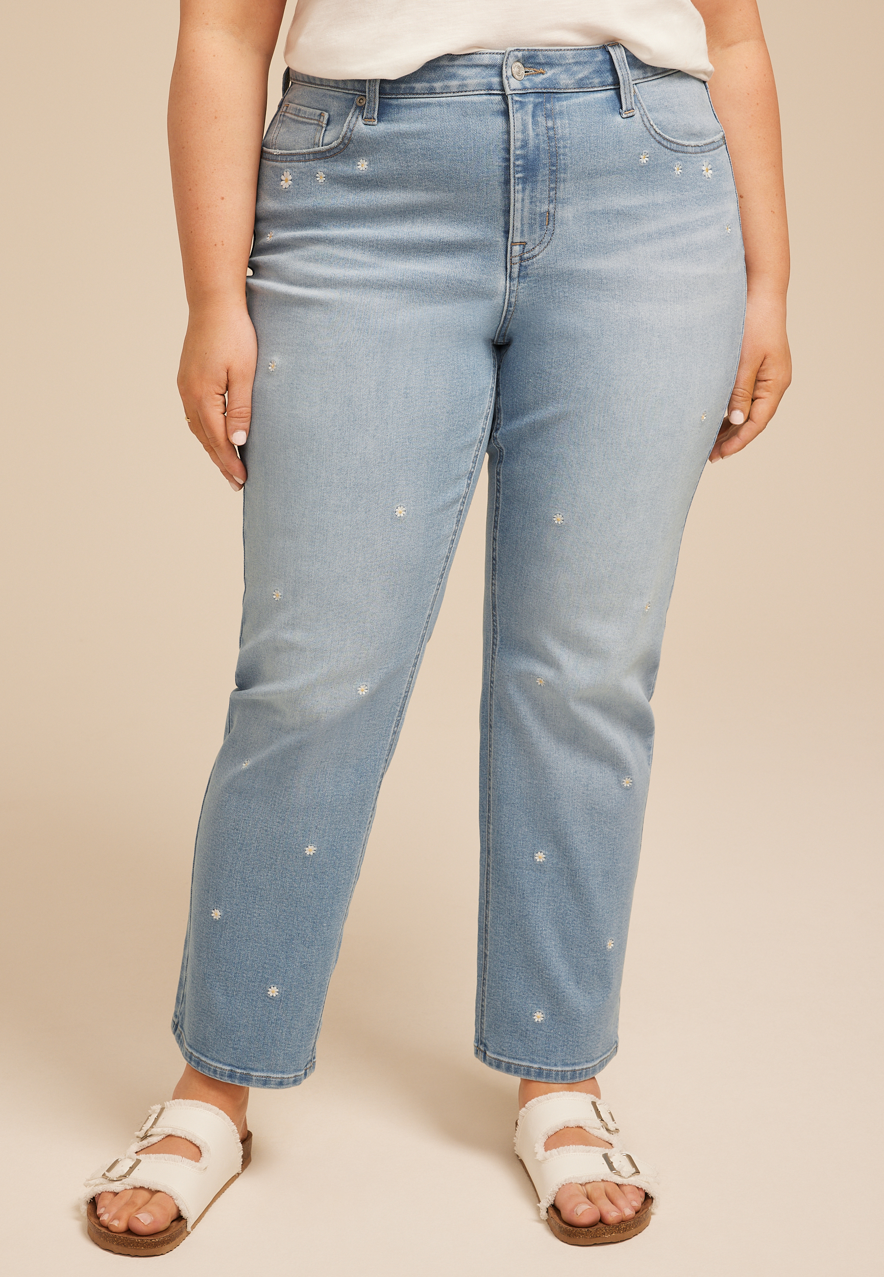 Plus Size Daisy Embroidered High Rise Relaxed Straight Jean