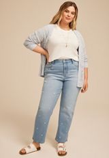 Plus Size Daisy Embroidered High Rise Relaxed Straight Jean, C3337, small