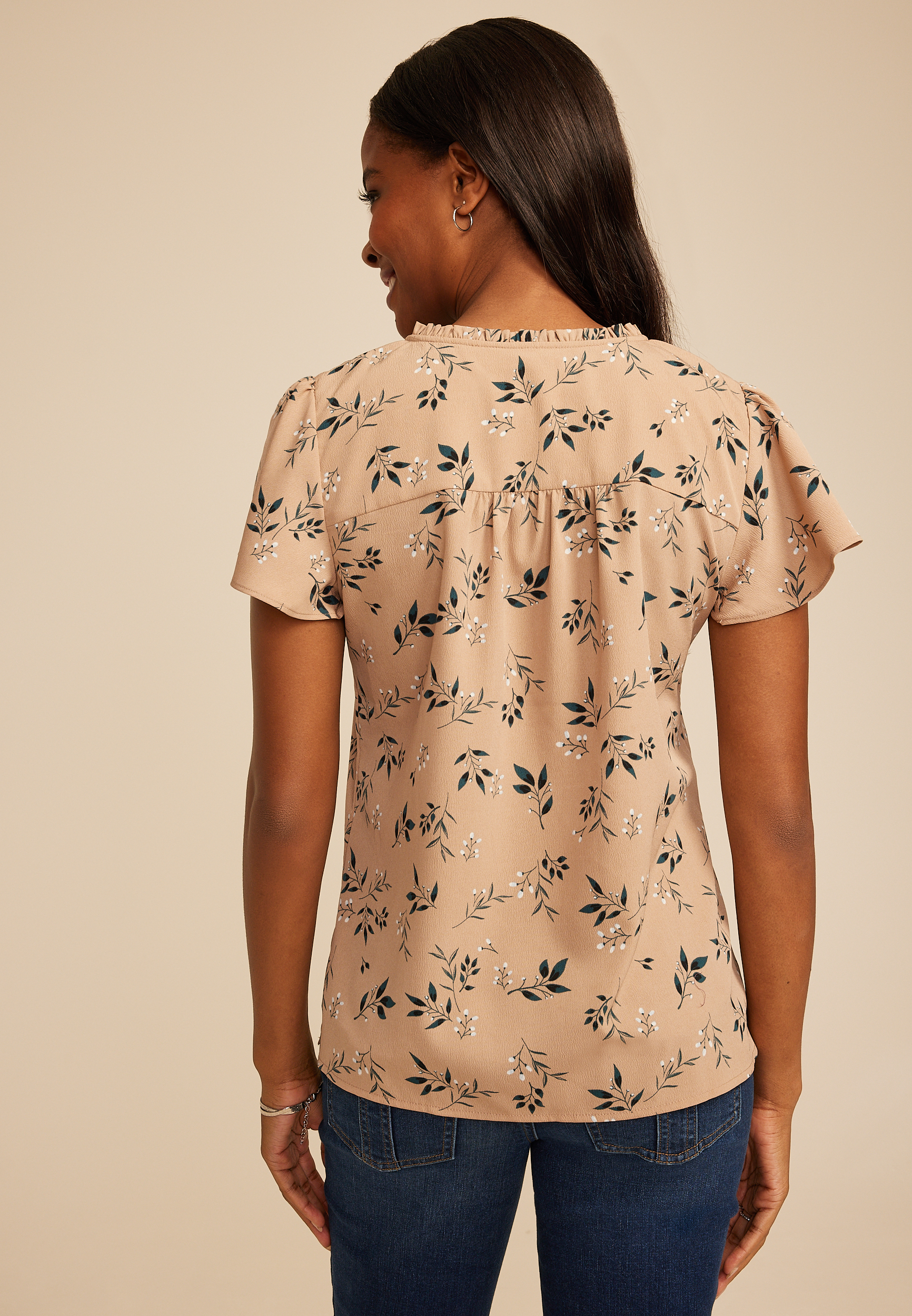 Floral Smocked Shoulder Flutter Sleeve Blouse, C1265, large