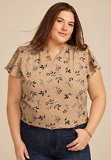 Plus Size Floral Smocked Shoulder Flutter Sleeve Blouse, AMPHORA COMBO, small