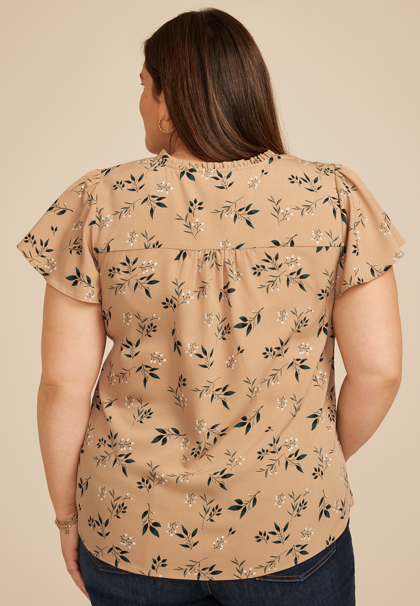 Plus Size Floral Smocked Shoulder Flutter Sleeve Blouse, AMPHORA COMBO, large
