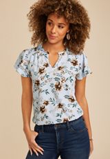 Blue Floral Smocked Shoulder Flutter Sleeve Blouse, C9482, small