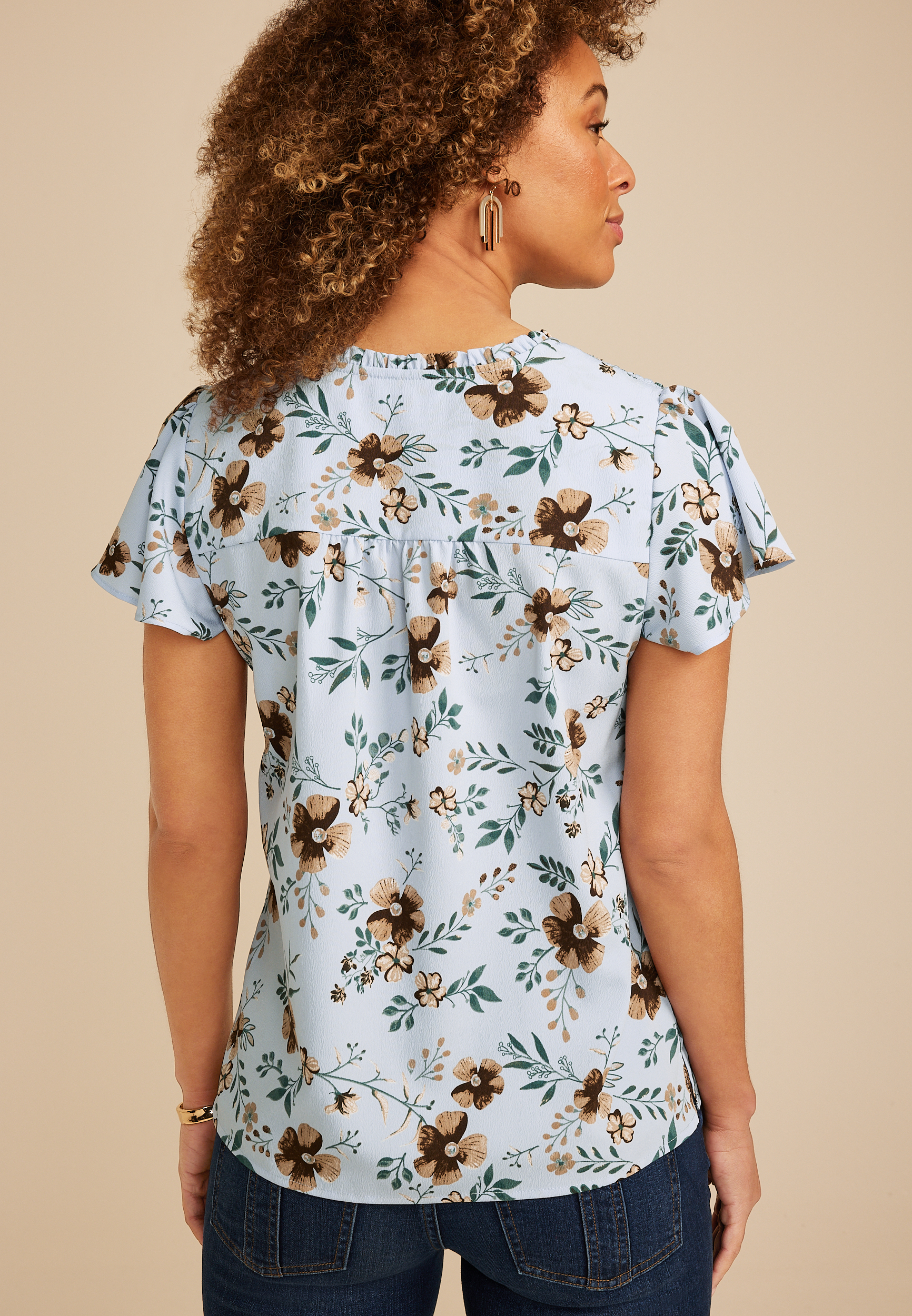 Blue Floral Smocked Shoulder Flutter Sleeve Blouse, C9482, large