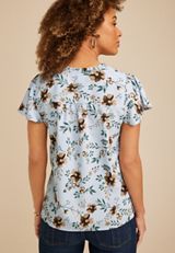 Blue Floral Smocked Shoulder Flutter Sleeve Blouse, C9482, small