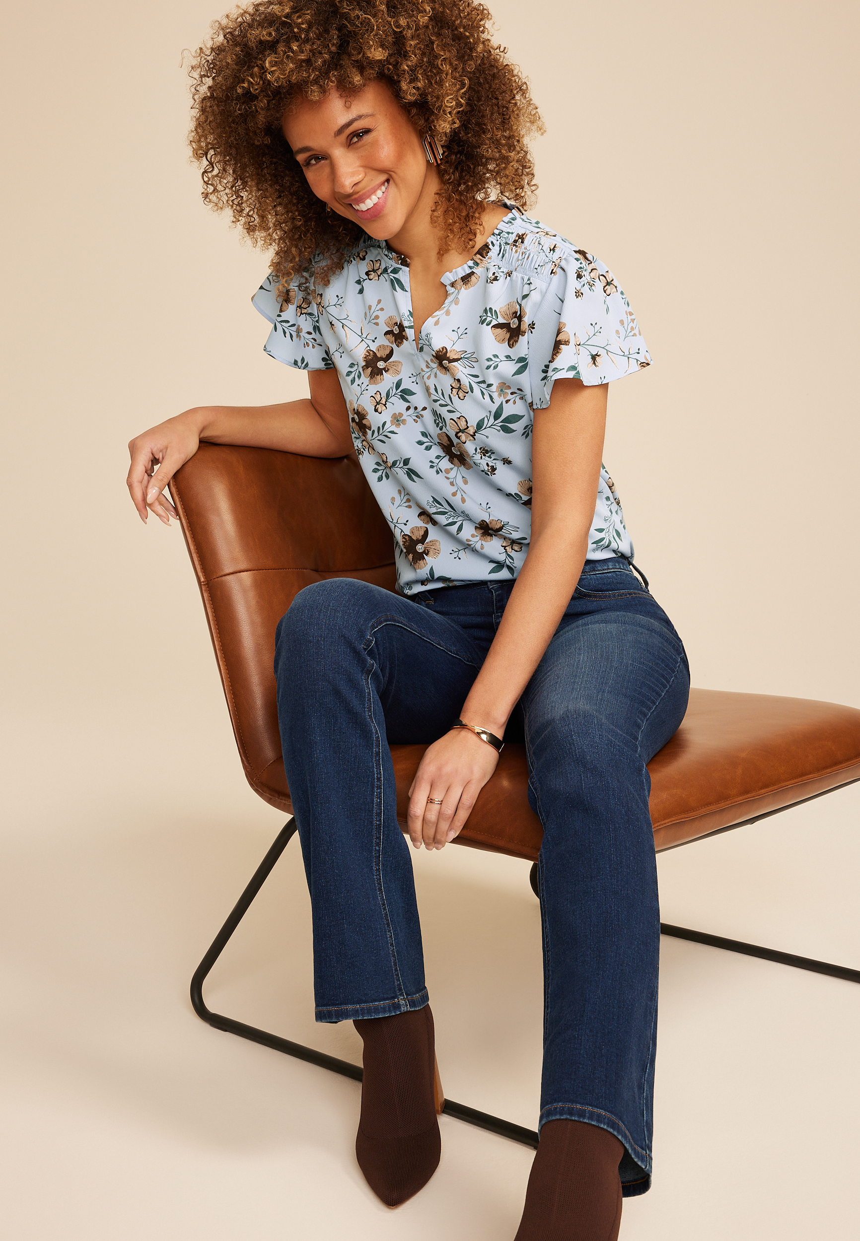 Blue Floral Smocked Shoulder Flutter Sleeve Blouse, C9482, large