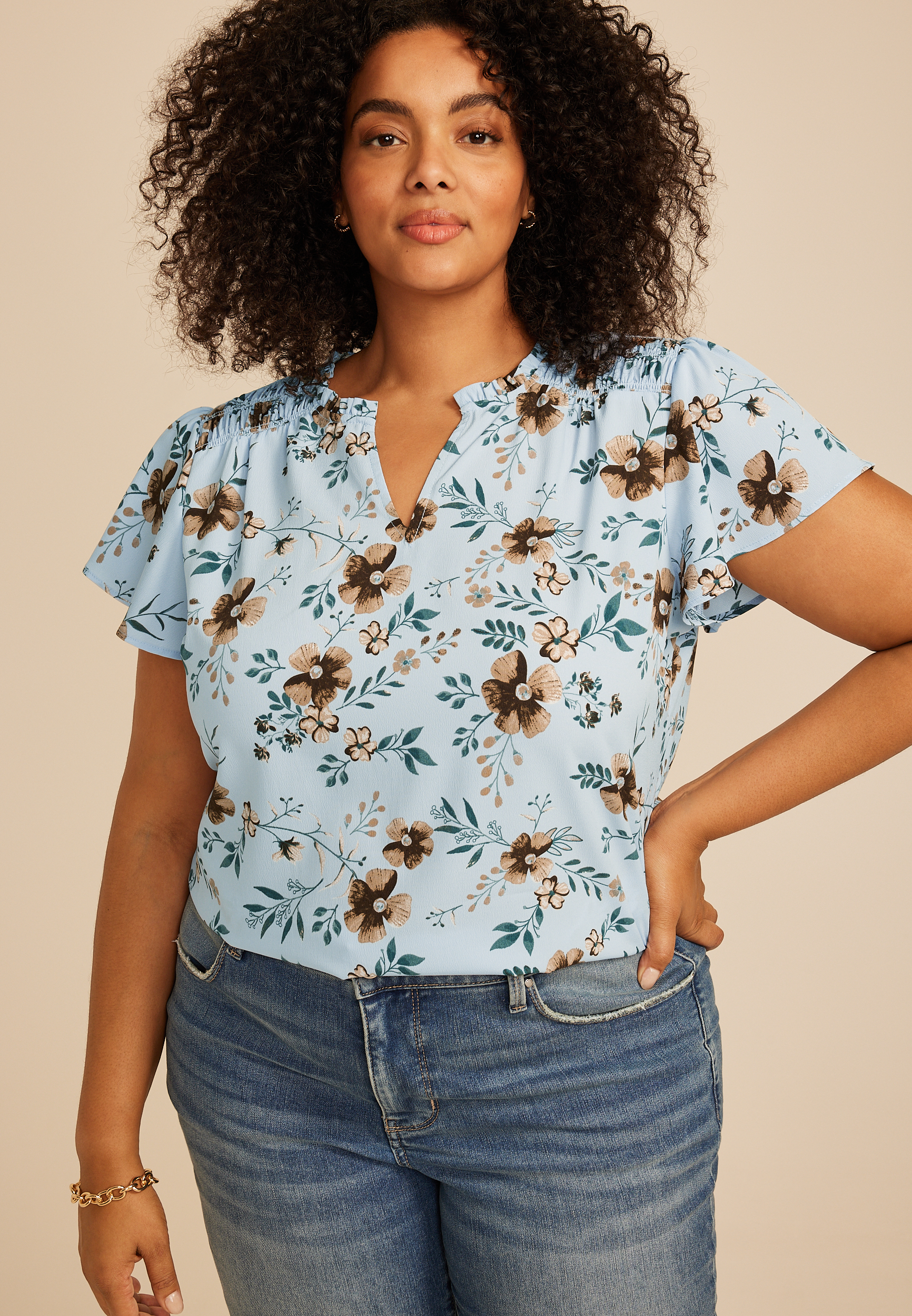 Plus Size Blue Floral Smocked Shoulder Flutter Sleeve Blouse