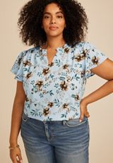 Plus Size Blue Floral Smocked Shoulder Flutter Sleeve Blouse, HEATHER BLUE COMBO, small