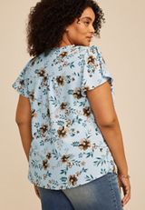 Plus Size Blue Floral Smocked Shoulder Flutter Sleeve Blouse, HEATHER BLUE COMBO, small