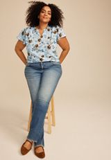 Plus Size Blue Floral Smocked Shoulder Flutter Sleeve Blouse, HEATHER BLUE COMBO, small