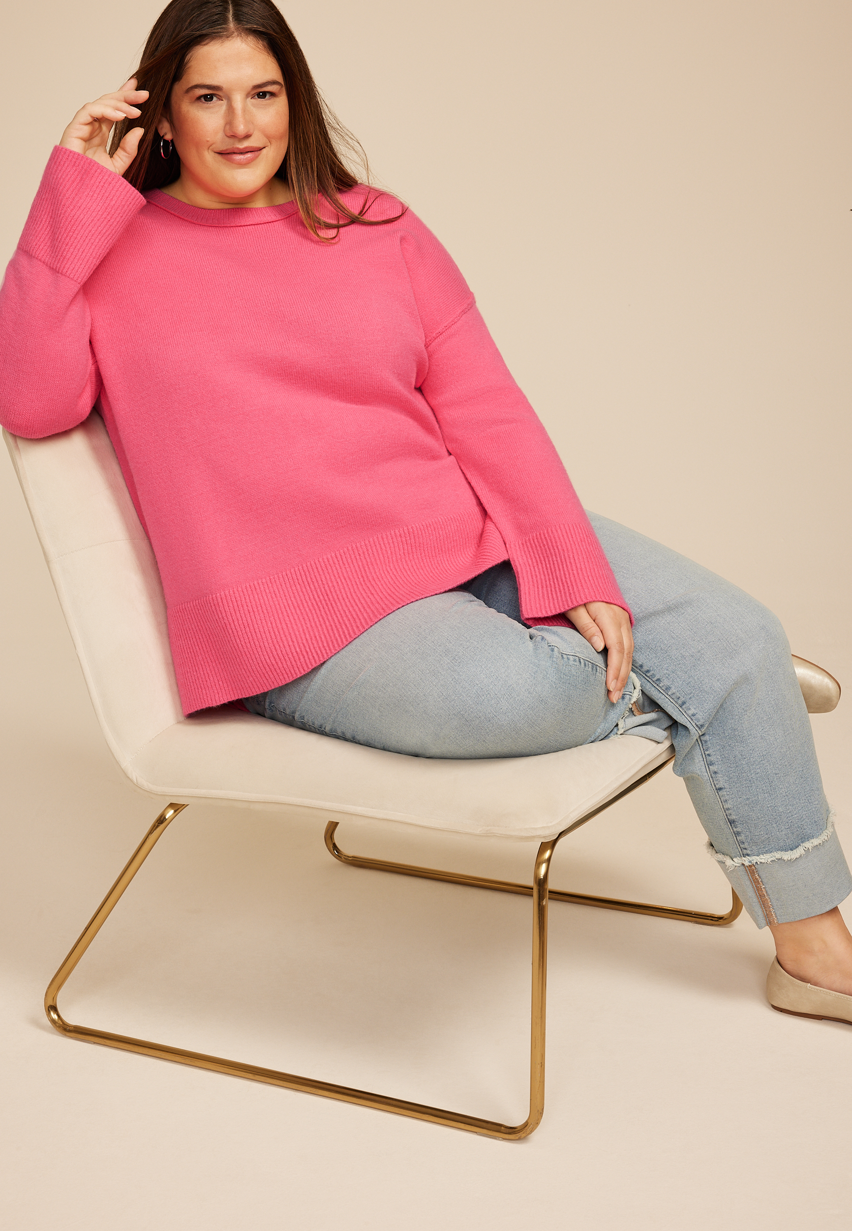 Plus Size Crew Neck Step Hem Sweater, C595, large